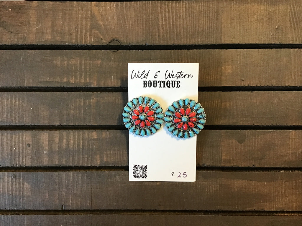 Round Turquoise and Red Concho Stud